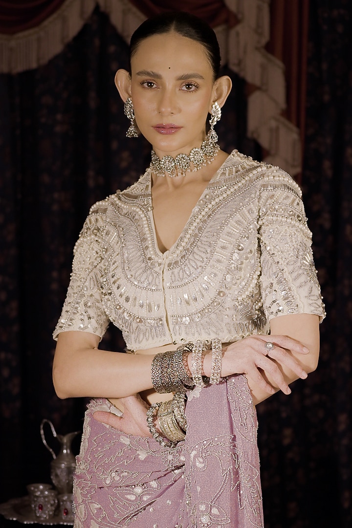 White Net Aari Hand Embroidered Blouse by Saksham and Neharicka at Pernia's Pop Up Shop