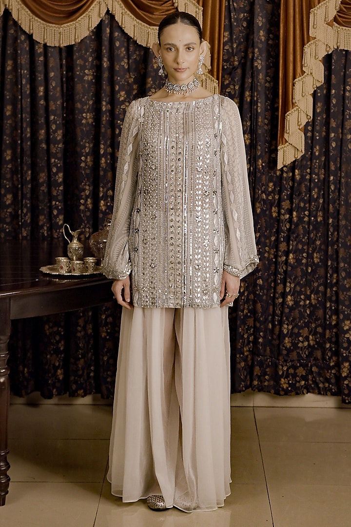 Ivory Chiffon Zardosi Hand Embroidered A-Line Kurta Set by Saksham and Neharicka at Pernia's Pop Up Shop