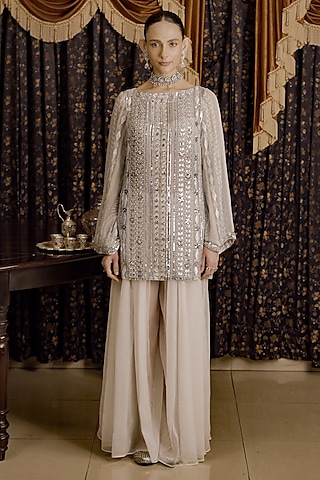 Ivory Chiffon Zardosi Hand Embroidered A-Line Kurta Set by Saksham and Neharicka