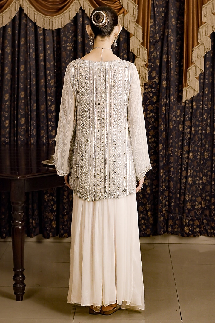 Ivory Chiffon Zardosi Hand Embroidered A-Line Kurta Set by Saksham and Neharicka at Pernia's Pop Up Shop