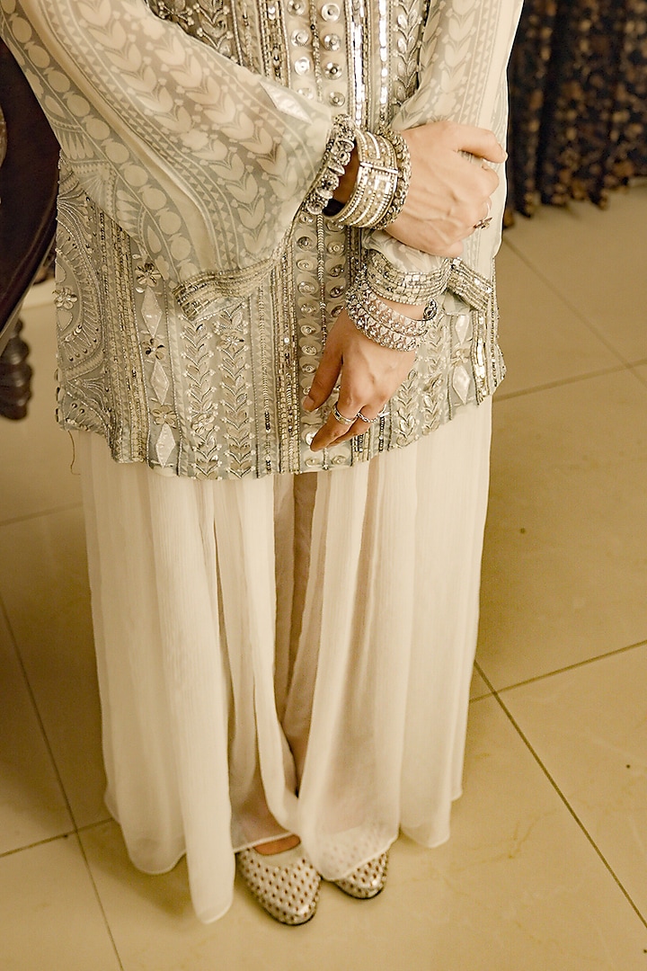 Ivory Chiffon Zardosi Hand Embroidered A-Line Kurta Set by Saksham and Neharicka at Pernia's Pop Up Shop
