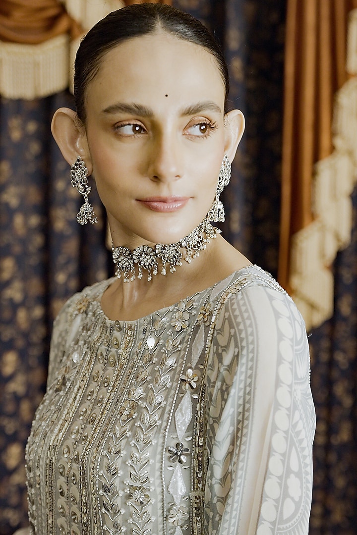 Ivory Chiffon Zardosi Hand Embroidered A-Line Kurta Set by Saksham and Neharicka at Pernia's Pop Up Shop