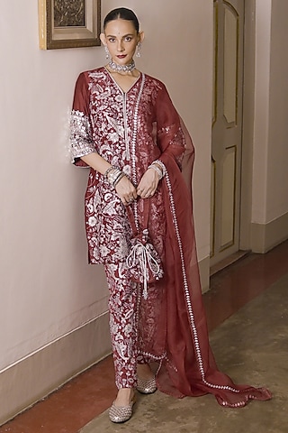 Maroon Pure Cotton Silk Zardosi Work A-Line Kurta Set by Saksham and Neharicka