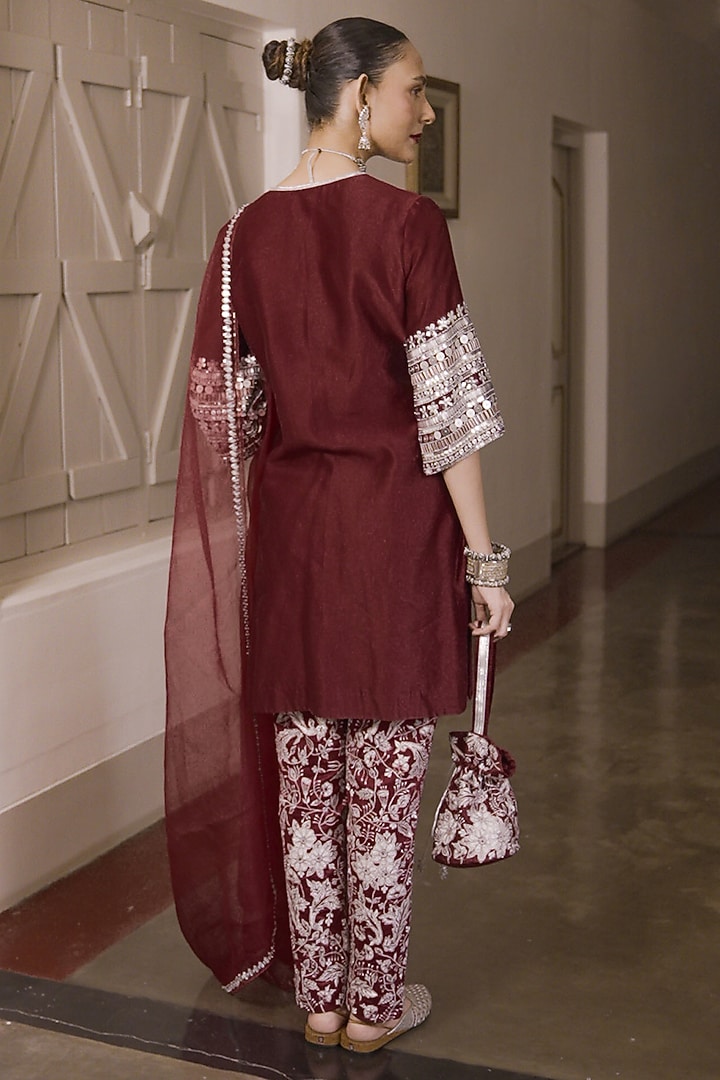 Maroon Pure Cotton Silk Zardosi Work A-Line Kurta Set by Saksham and Neharicka at Pernia's Pop Up Shop