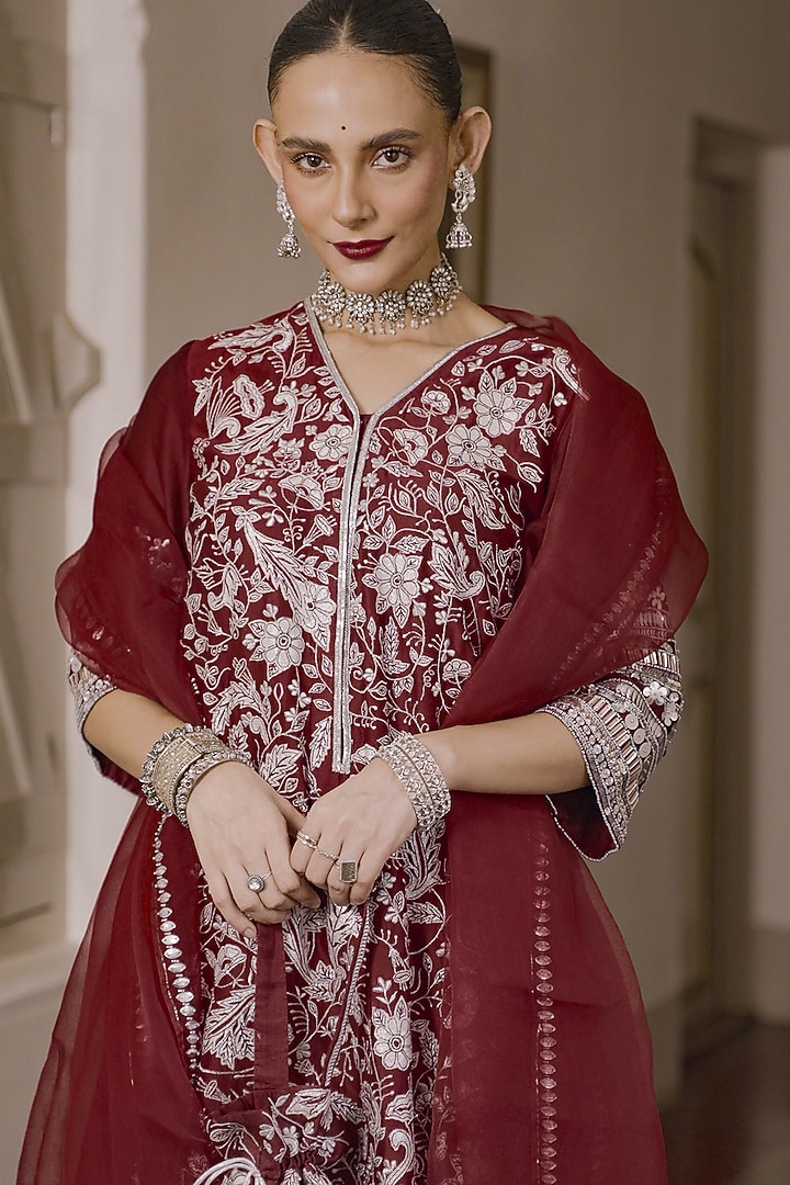 Maroon Pure Cotton Silk Zardosi Work A-Line Kurta Set by Saksham and Neharicka at Pernia's Pop Up Shop