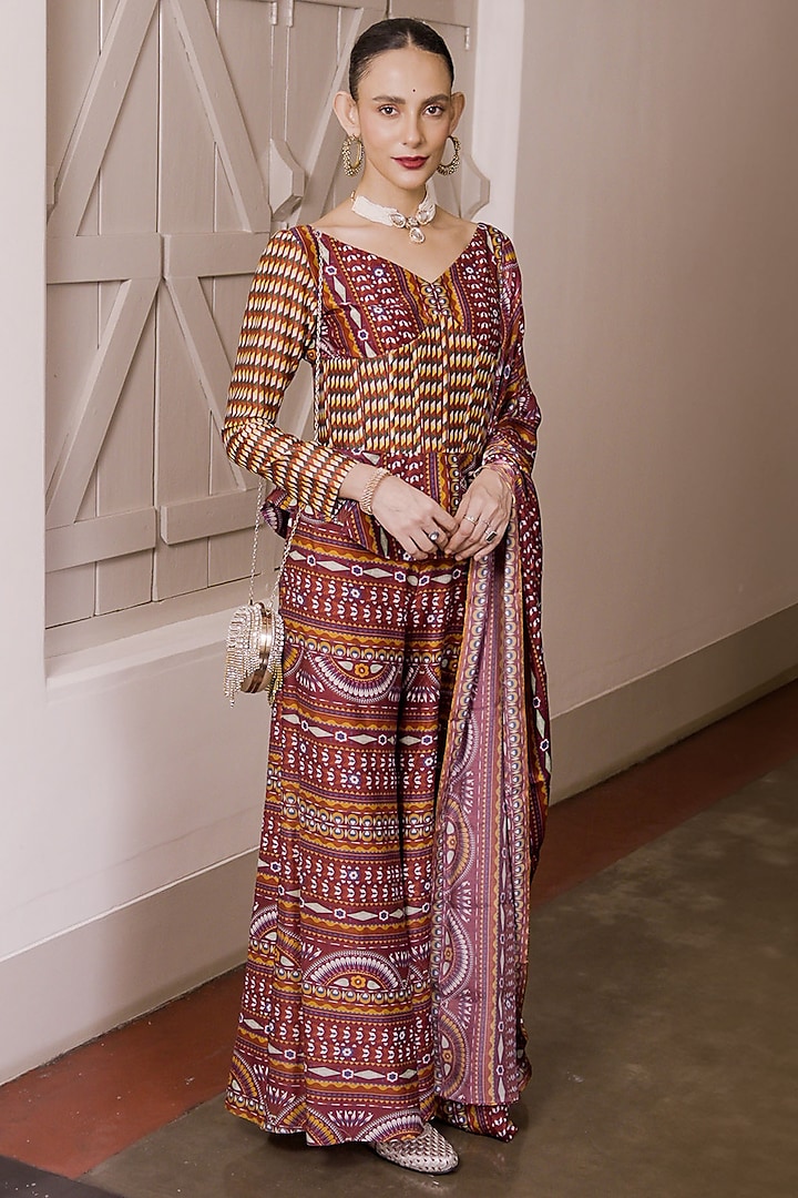 Maroon Cotton Silk Printed Palazzo Pant Set by Saksham and Neharicka at Pernia's Pop Up Shop