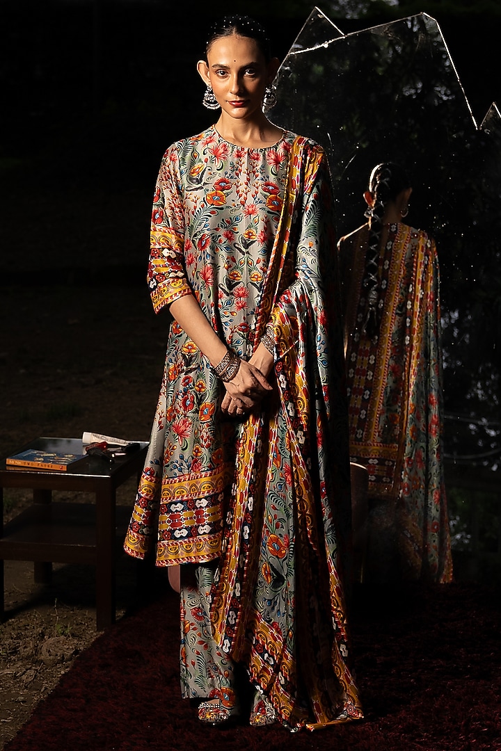 Grey Cotton Silk Printed A-Line Kurta Set by Saksham and Neharicka at Pernia's Pop Up Shop