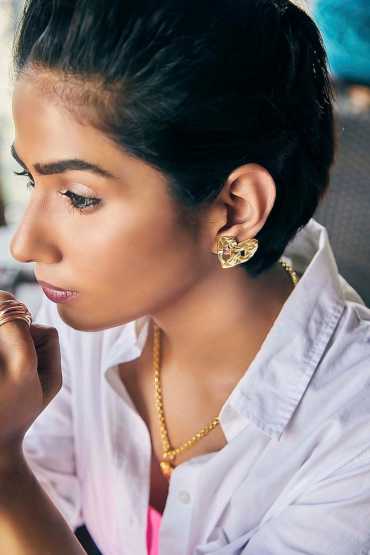 Gold Finish Crudo Heart Eartops by Flowerchild By Shaheen Abbas at Pernia's Pop Up Shop