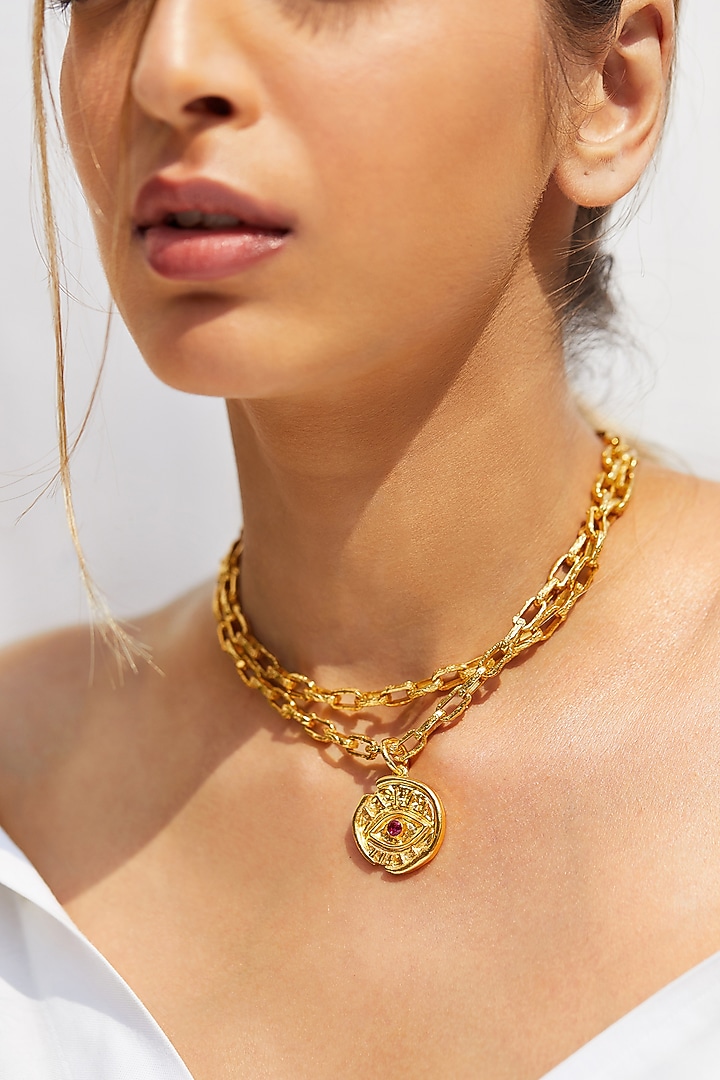 Gold Finish Handmade Evil-Eye Necklace by Flowerchild By Shaheen Abbas at Pernia's Pop Up Shop