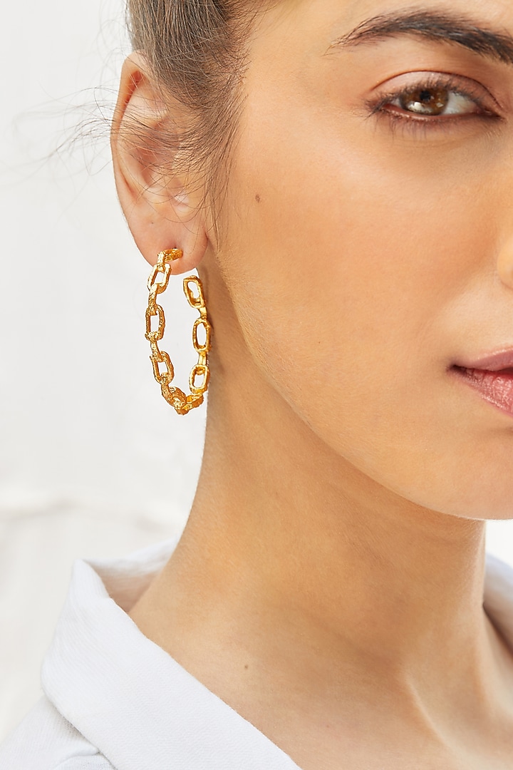 Gold Finish Textured Hoop Earrings by Flowerchild By Shaheen Abbas at Pernia's Pop Up Shop