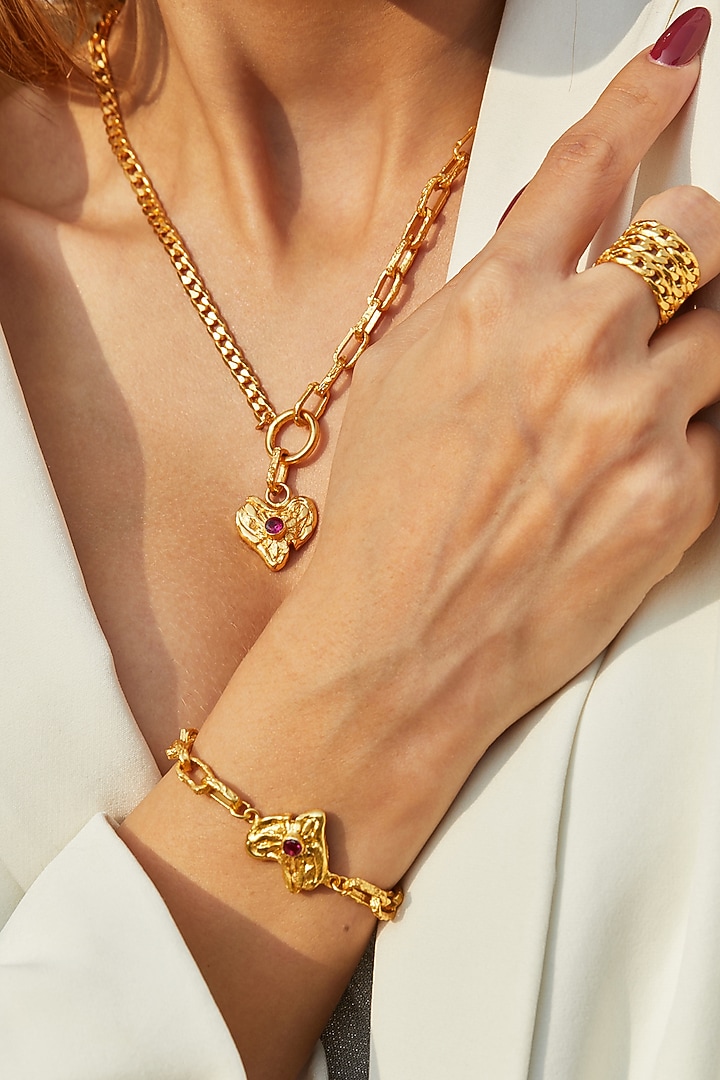 Gold Finish Heart Bracelet by Flowerchild By Shaheen Abbas at Pernia's Pop Up Shop