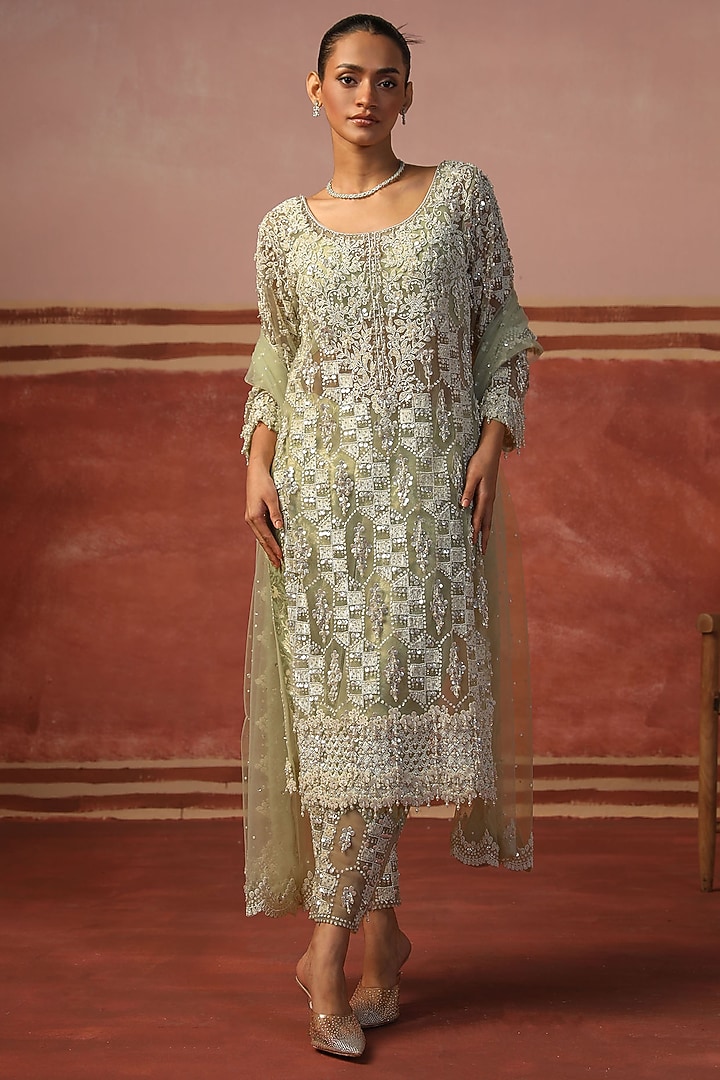 Mint Green Net Sequin Embellished Jacket Set by SABE at Pernia's Pop Up Shop