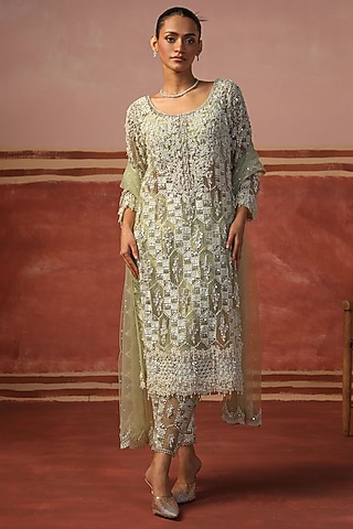 Mint Green Net Sequin Embellished Jacket Set by SABE