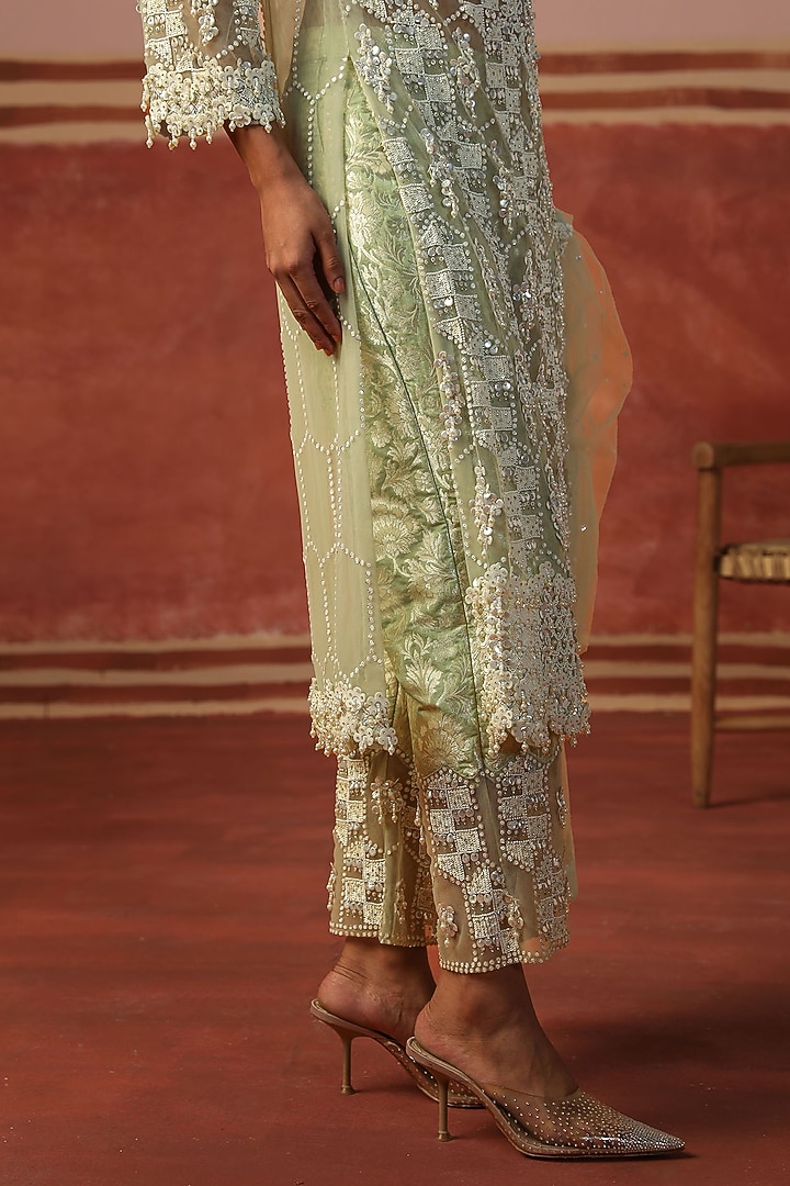 Mint Green Net Sequin Embellished Jacket Set by SABE at Pernia's Pop Up Shop