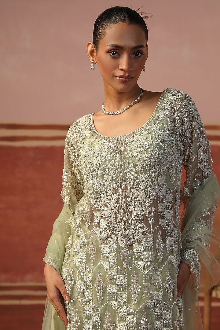 Mint Green Net Sequin Embellished Jacket Set by SABE at Pernia's Pop Up Shop