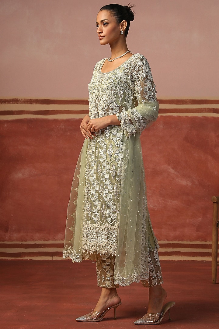 Mint Green Net Sequin Embellished Jacket Set by SABE at Pernia's Pop Up Shop