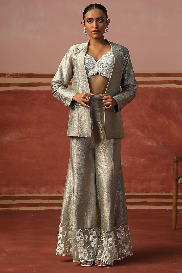 Silver Brocade Flared Pant Set by SABE at Pernia's Pop Up Shop