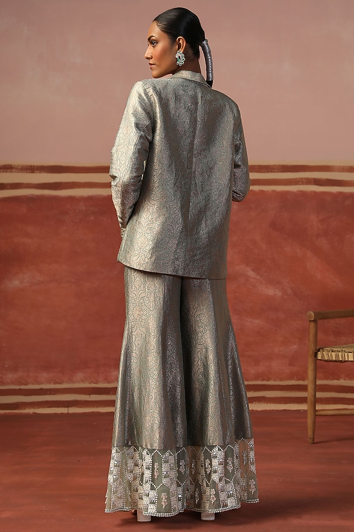 Silver Brocade Flared Pant Set by SABE at Pernia's Pop Up Shop