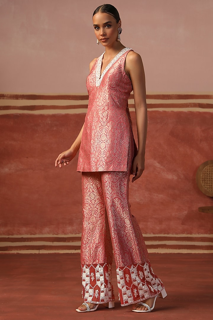 Blush Pink Brocade Pearl Embroidered Kurta Set by SABE at Pernia's Pop Up Shop