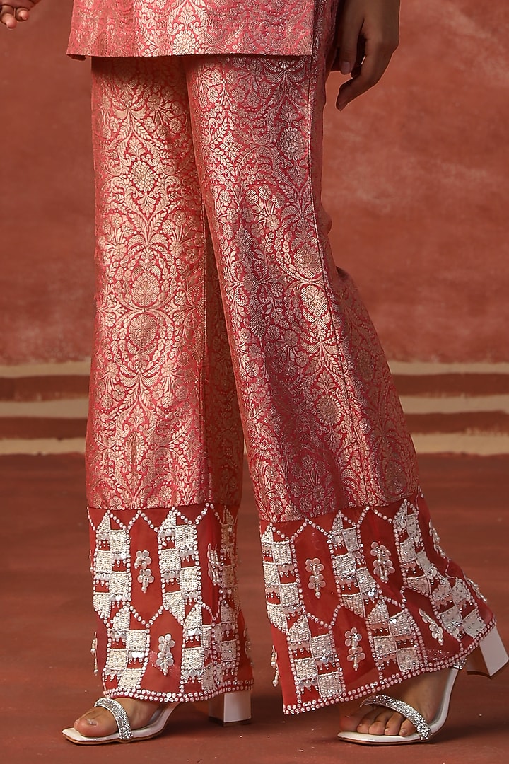 Blush Pink Brocade Pearl Embroidered Kurta Set by SABE at Pernia's Pop Up Shop