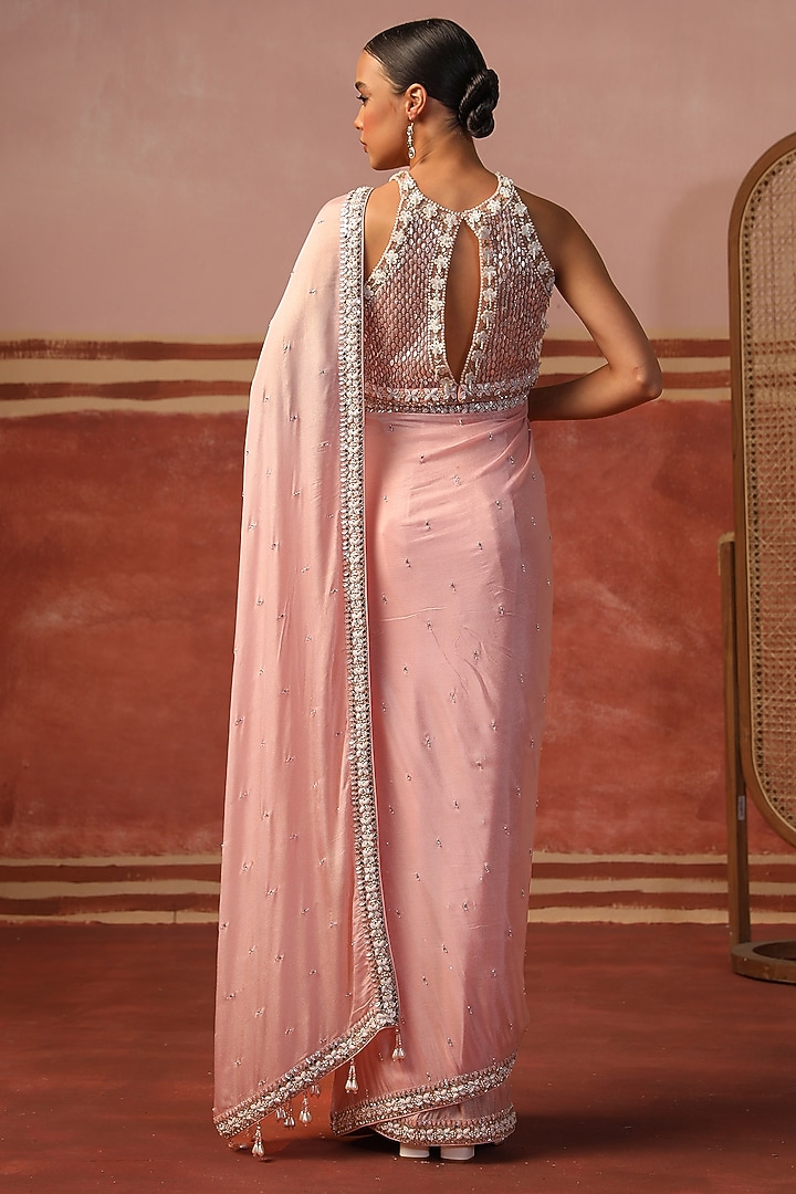 Dusky Pink Chinon Chiffon Zari Embroidered Wedding Saree Set by SABE at Pernia's Pop Up Shop