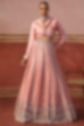 Soft Pink Tissue Hand Embroidered Wedding Lehenga Set by SABE at Pernia's Pop Up Shop