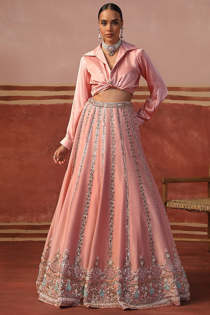 Soft Pink Tissue Hand Embroidered Wedding Lehenga Set by SABE at Pernia's Pop Up Shop