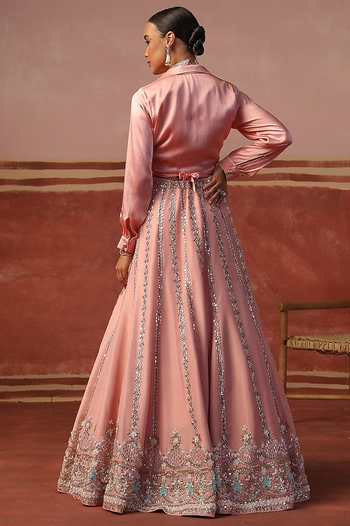 Soft Pink Tissue Hand Embroidered Wedding Lehenga Set by SABE at Pernia's Pop Up Shop