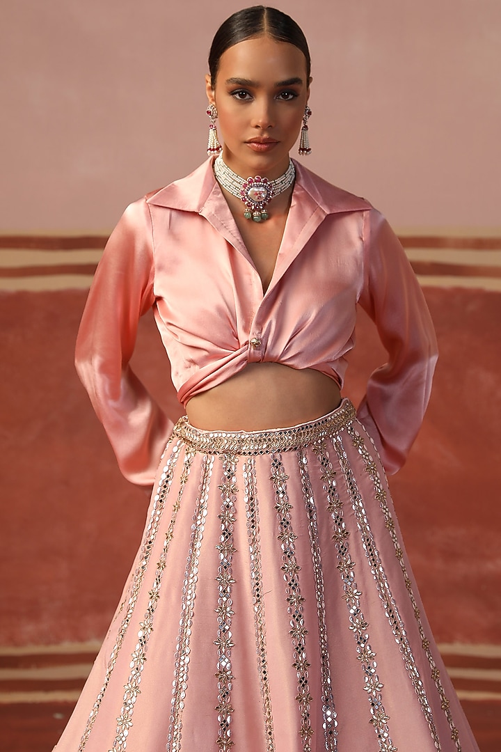 Soft Pink Tissue Hand Embroidered Wedding Lehenga Set by SABE at Pernia's Pop Up Shop