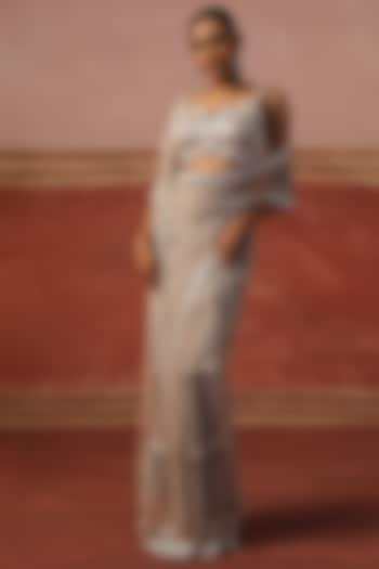 Grey Net Sequin Embroidered Wedding Saree Set by SABE at Pernia's Pop Up Shop