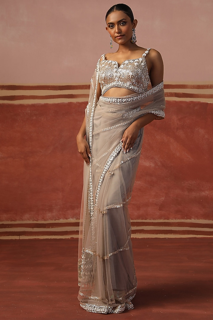 Grey Net Sequin Embroidered Wedding Saree Set by SABE at Pernia's Pop Up Shop