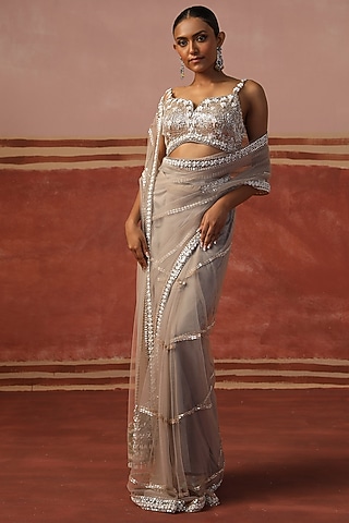 Grey Net Sequin Embroidered Saree Set by SABE