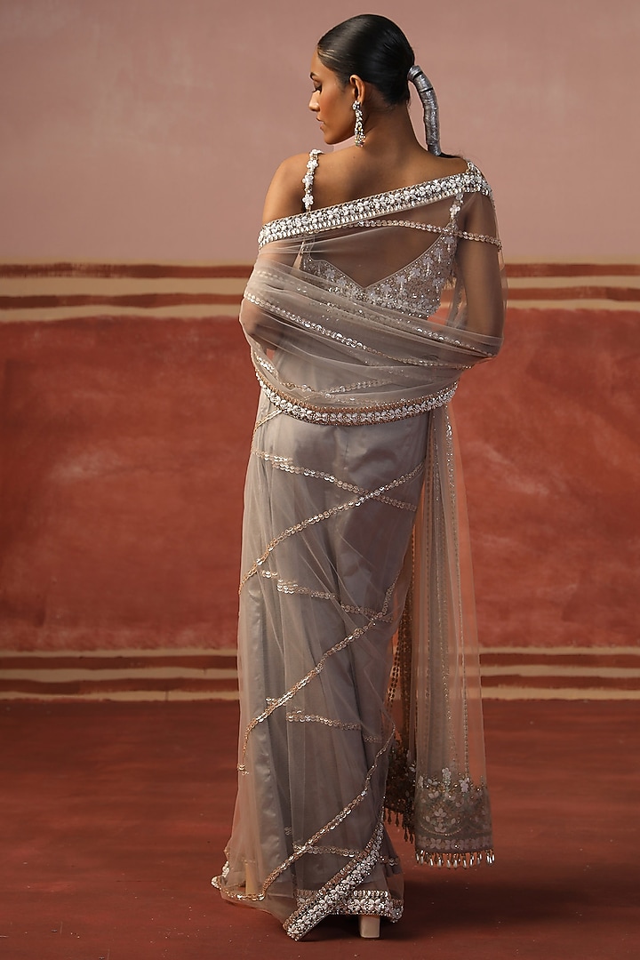 Grey Net Sequin Embroidered Wedding Saree Set by SABE at Pernia's Pop Up Shop