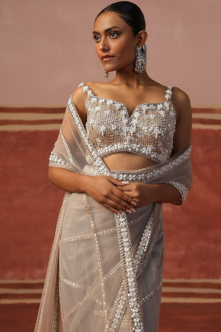 Grey Net Sequin Embroidered Wedding Saree Set by SABE at Pernia's Pop Up Shop