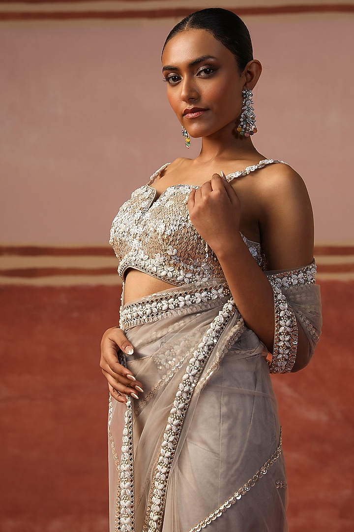 Grey Net Sequin Embroidered Wedding Saree Set by SABE at Pernia's Pop Up Shop