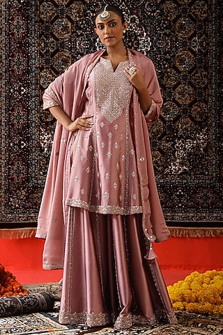 Rose Pink Silk Sharara Set by SABE