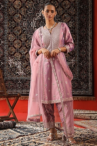 Mauve Silk Gota Patti Embroidered Kurta Set by SABE