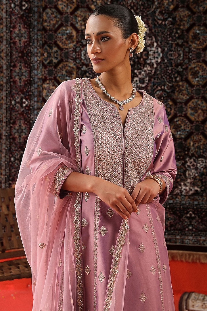 Mauve Silk Gota Patti Embroidered Kurta Set by SABE at Pernia's Pop Up Shop