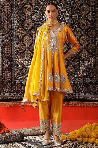 Bright Yellow Silk Mirror Embroidered Kurta Set by SABE