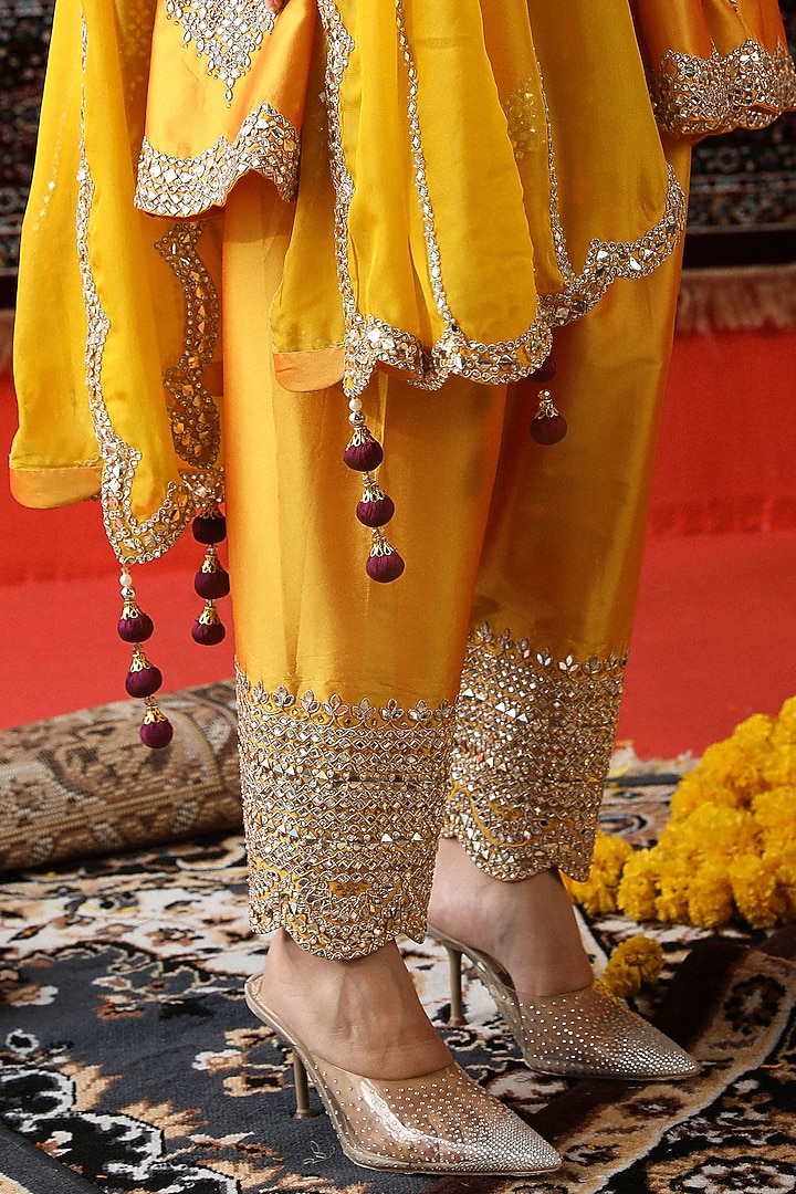 Bright Yellow Silk Mirror Embroidered Kurta Set by SABE at Pernia's Pop Up Shop