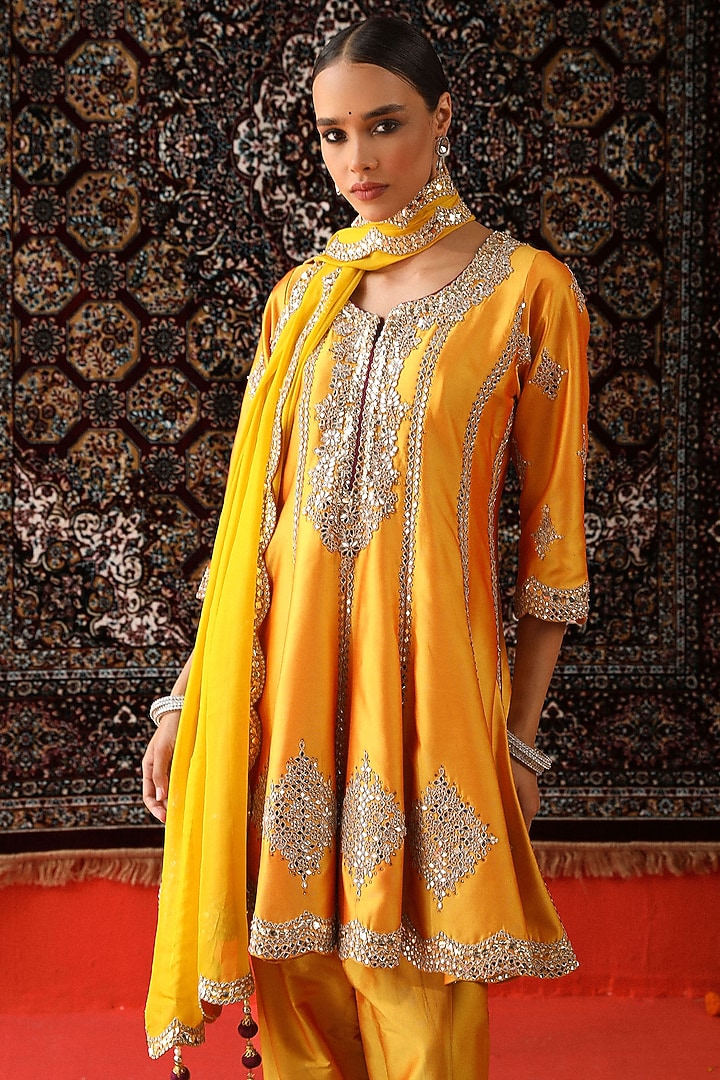 Bright Yellow Silk Mirror Embroidered Kurta Set by SABE at Pernia's Pop Up Shop