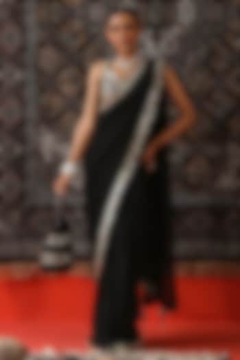 Black Georgette Mirror Embroidered Wedding Saree Set by SABE at Pernia's Pop Up Shop