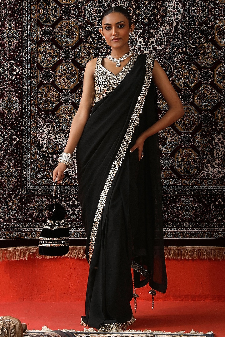 Black Georgette Mirror Embroidered Wedding Saree Set by SABE at Pernia's Pop Up Shop