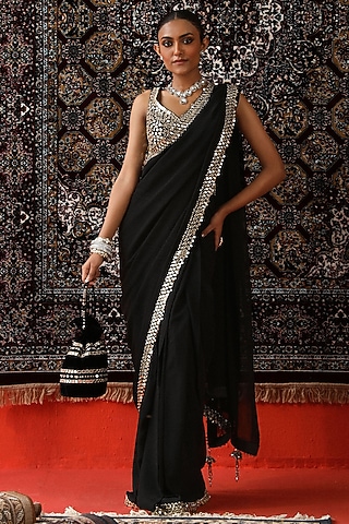 Black Georgette Mirror Embroidered Saree Set by SABE