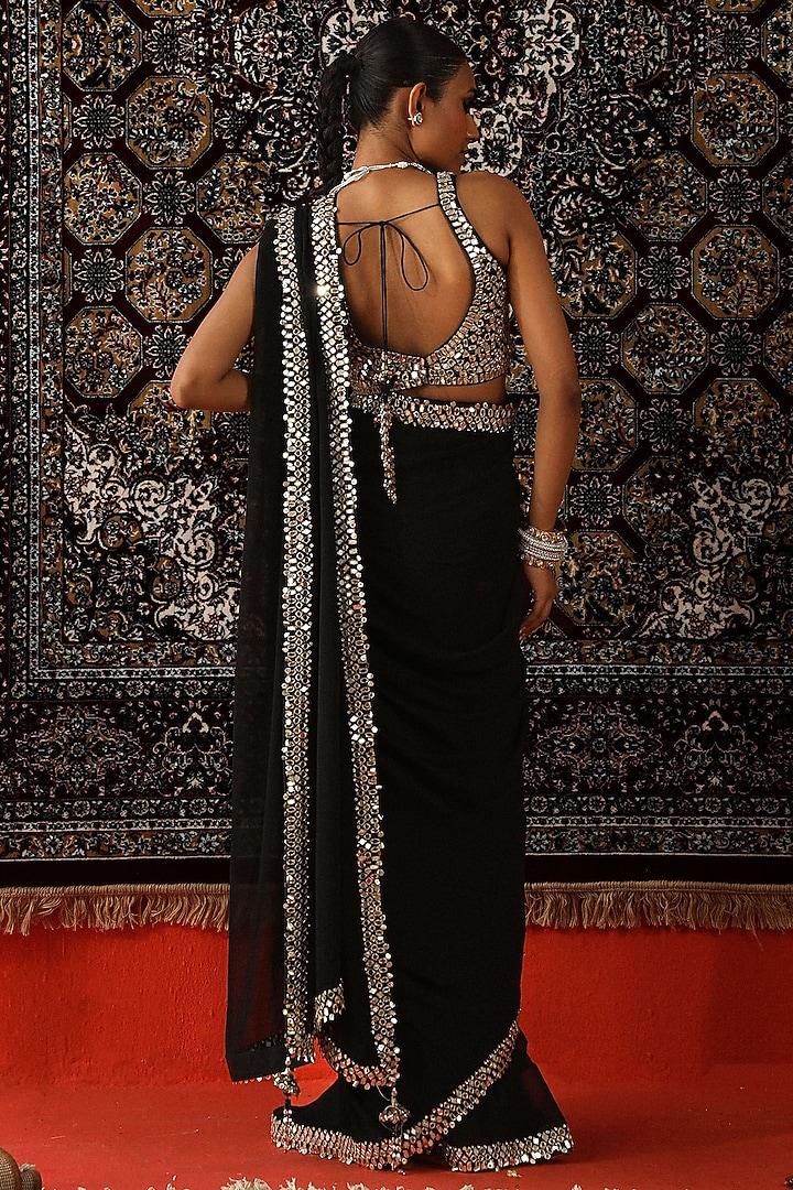 Black Georgette Mirror Embroidered Wedding Saree Set by SABE at Pernia's Pop Up Shop