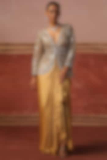 Champagne Gold Satin Draped Skirt Set by SABE at Pernia's Pop Up Shop