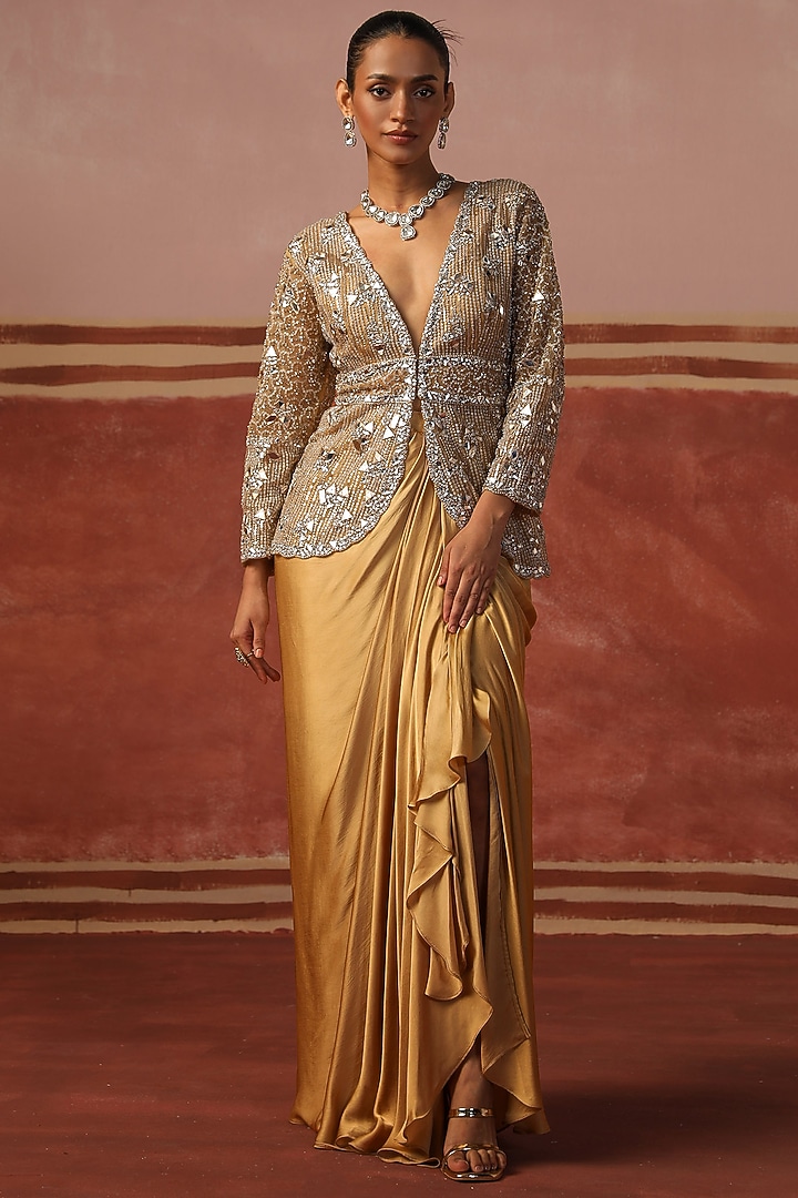 Champagne Gold Satin Draped Skirt Set by SABE at Pernia's Pop Up Shop