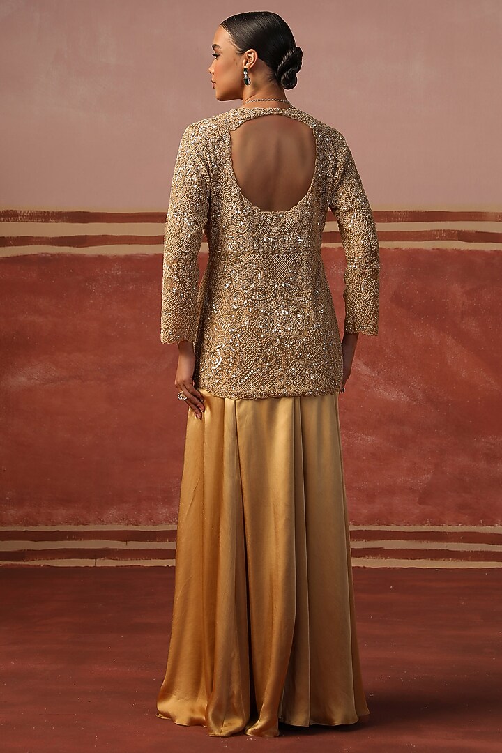Champagne Gold Satin Draped Skirt Set by SABE at Pernia's Pop Up Shop
