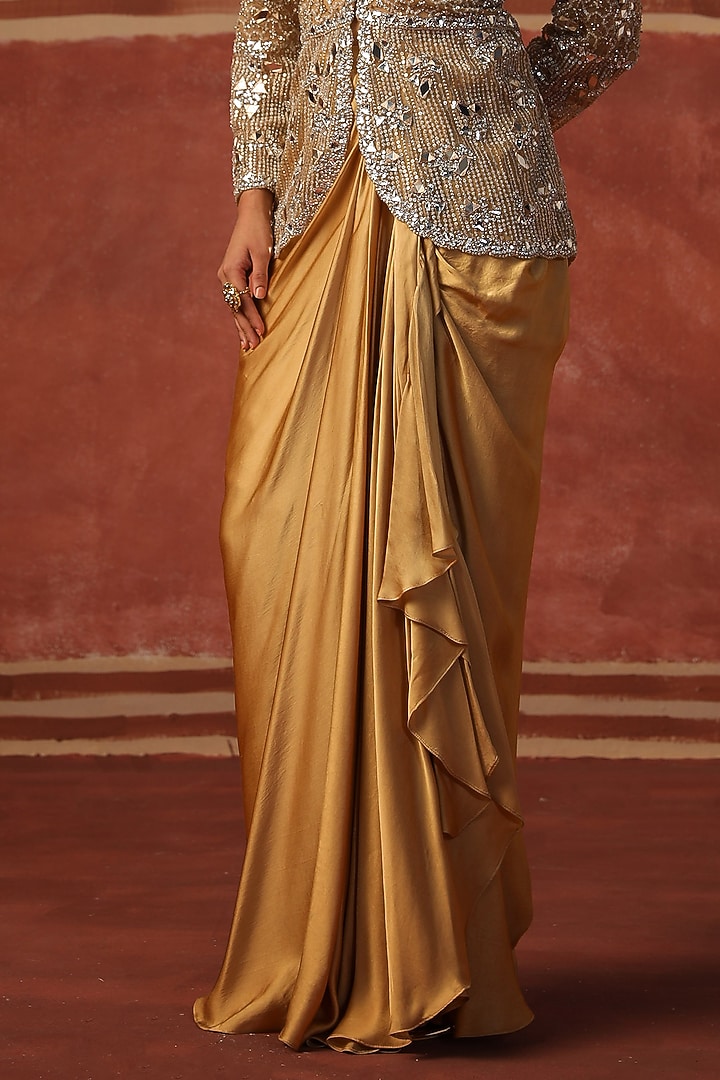 Champagne Gold Satin Draped Skirt Set by SABE at Pernia's Pop Up Shop