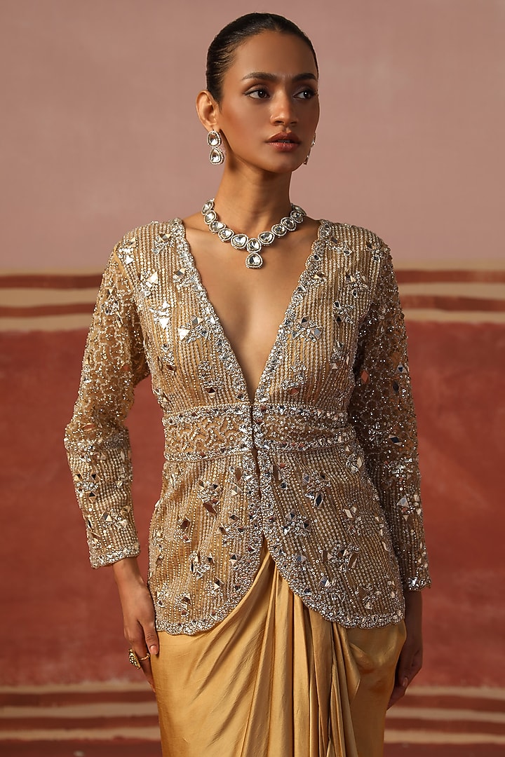 Champagne Gold Satin Draped Skirt Set by SABE at Pernia's Pop Up Shop